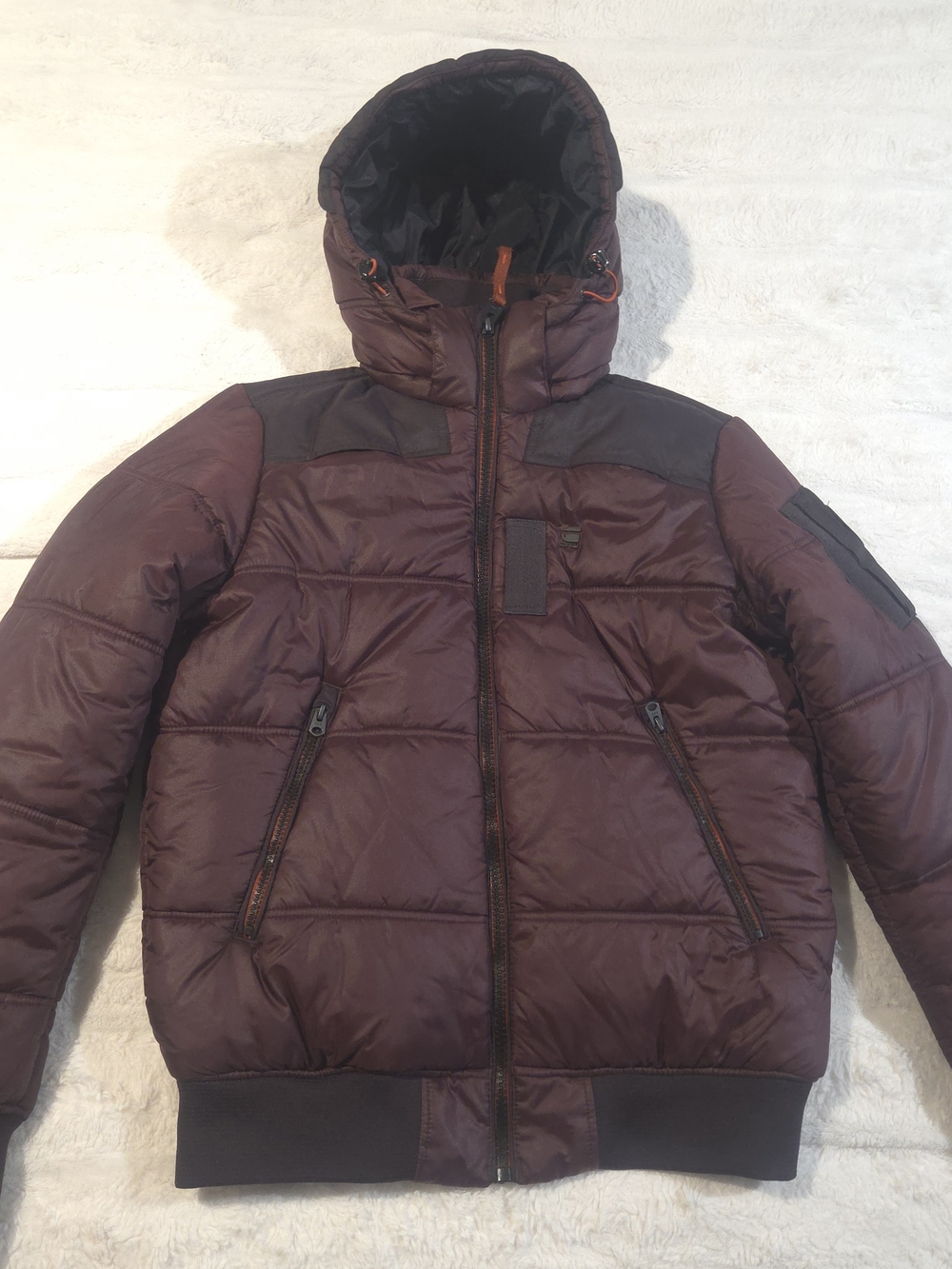 G-Star Men's Quilted Hooded Puffer Jacket - Burgundy with Black Panels